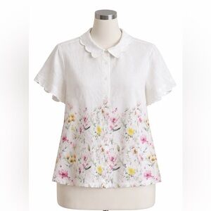 Crown & Ivy XL Floral Blouse White Linen Blend Scallop Collar Cottagecore